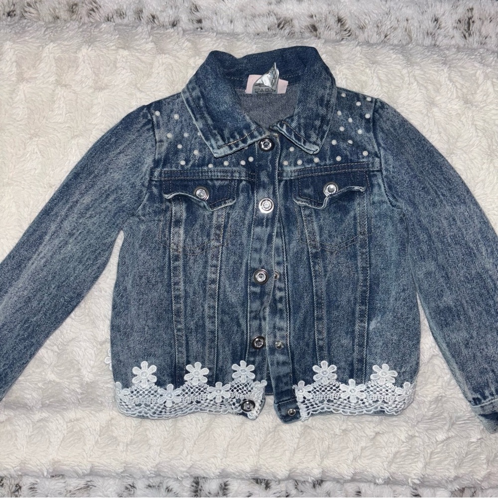 Kids Jean Jacket with Lace Trim and Pearl Details - 3T